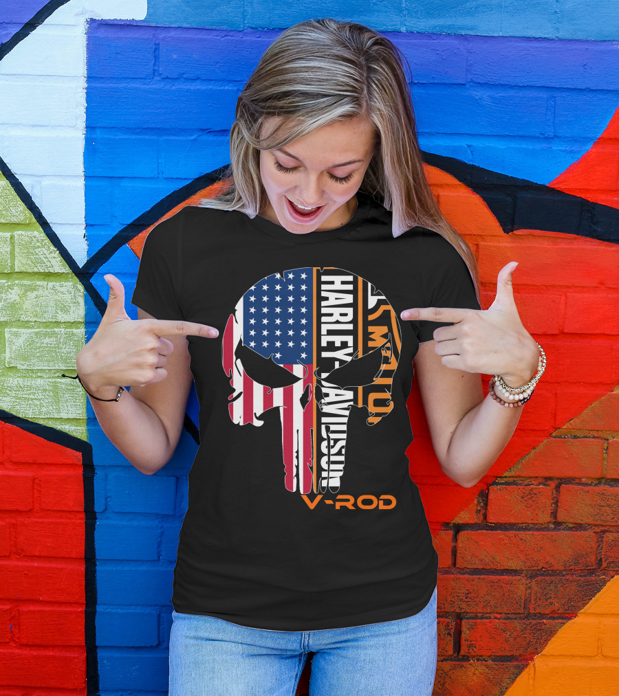 V-Rod Harley Davidson American Flag Skull T-Shirt
