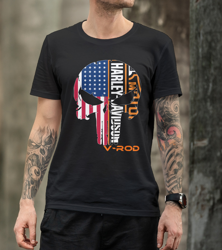 V-Rod Harley Davidson American Flag Skull T-Shirt