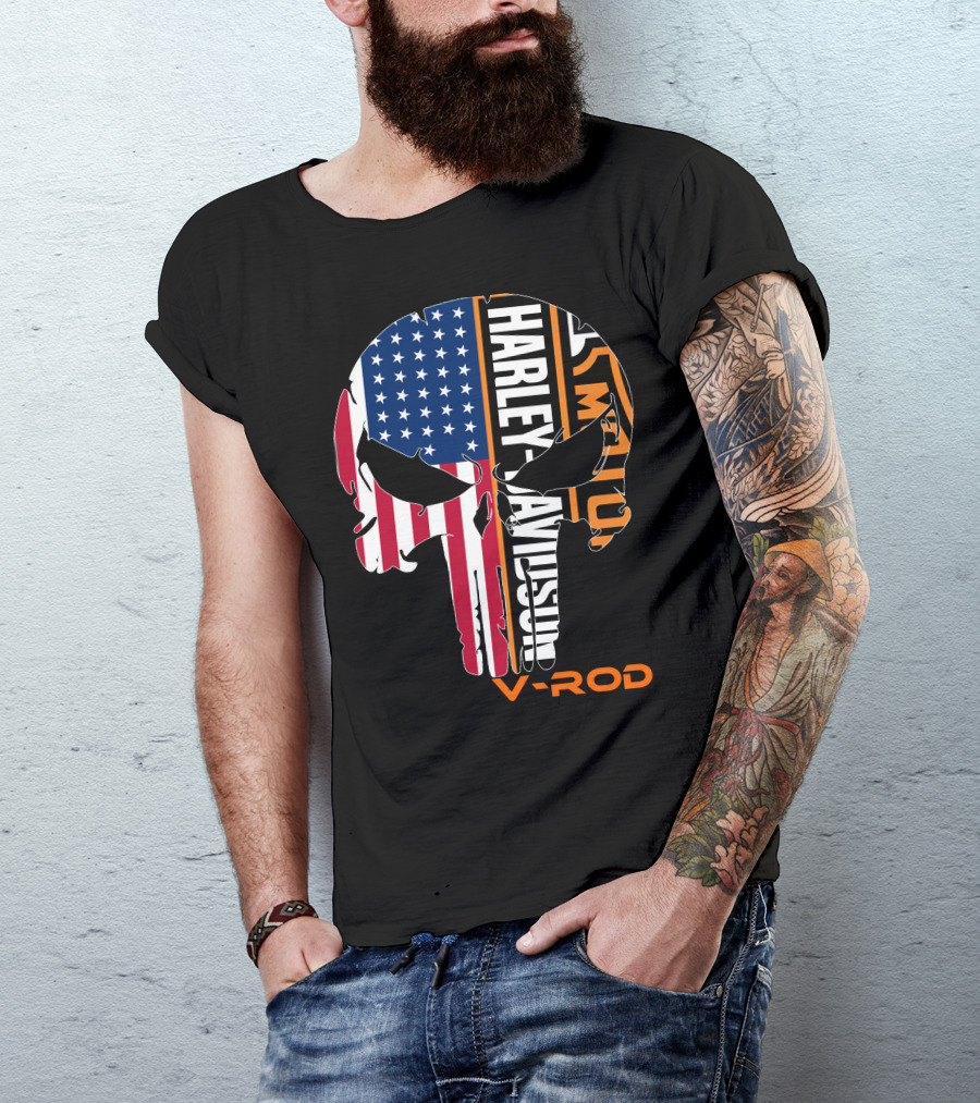V-Rod Harley Davidson American Flag Skull T-Shirt