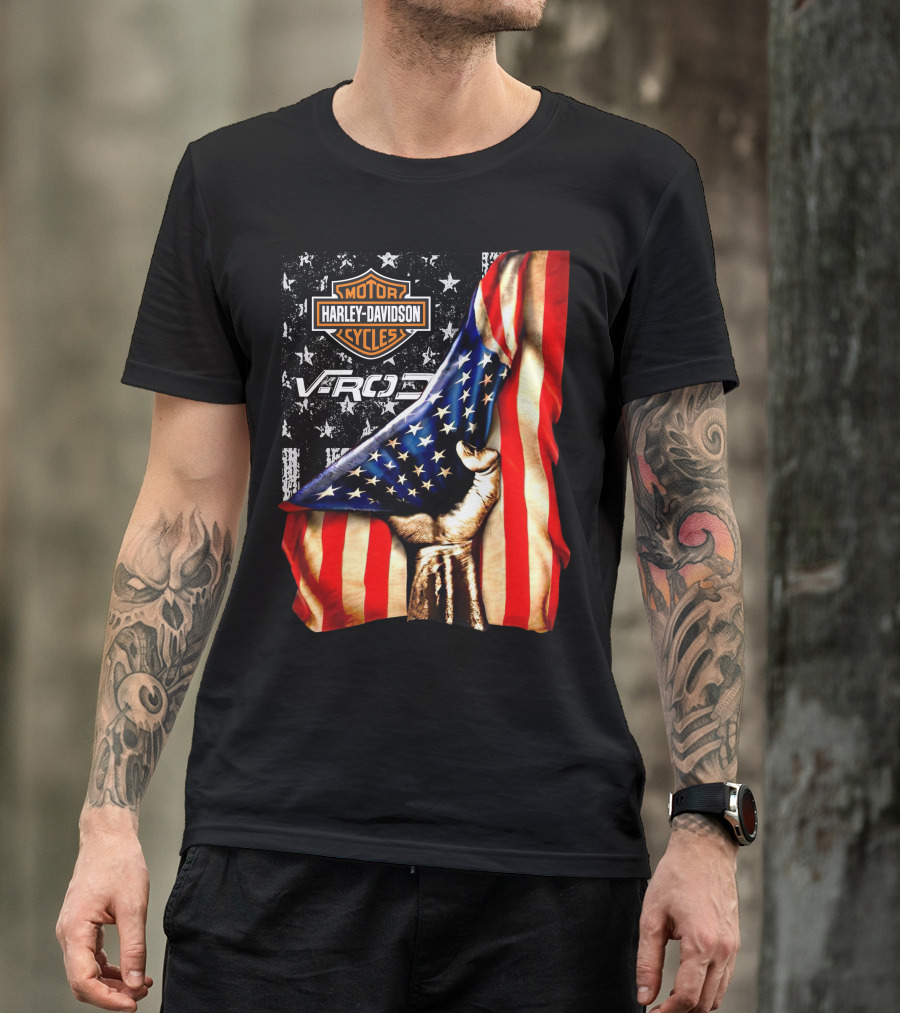 Harley Davidson Motor Cycles Vrod 12 American Flag Fist T-Shirt