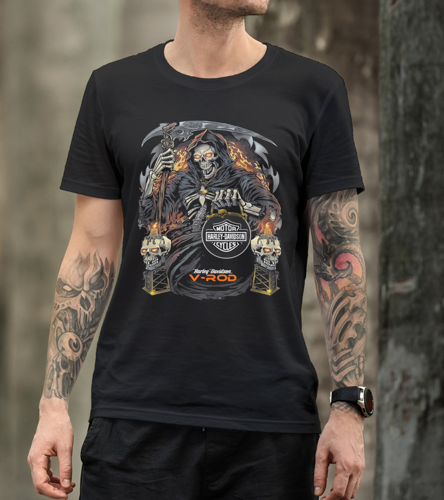 Harley Davidson V-Rod Grim Reaper Skeleton Flames T-Shirt
