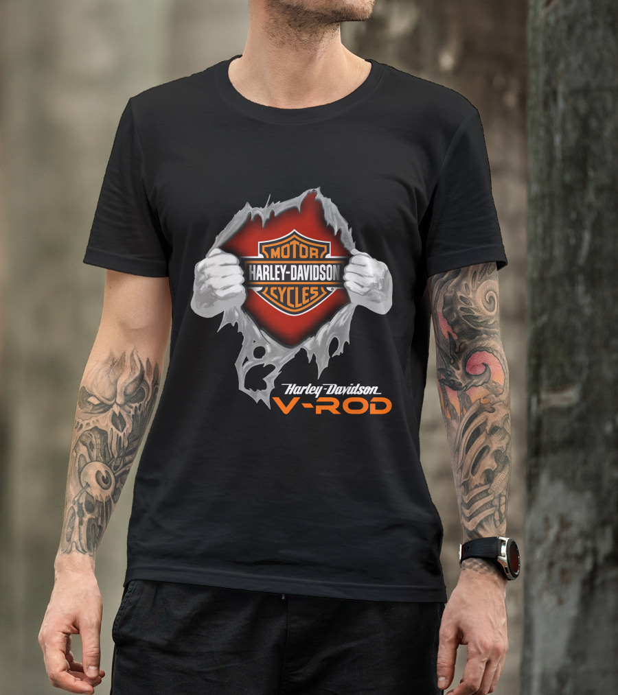 Harley Davidson V-Rod Motor Cycles Logo And Shield With Ripping Hands T-Shirt