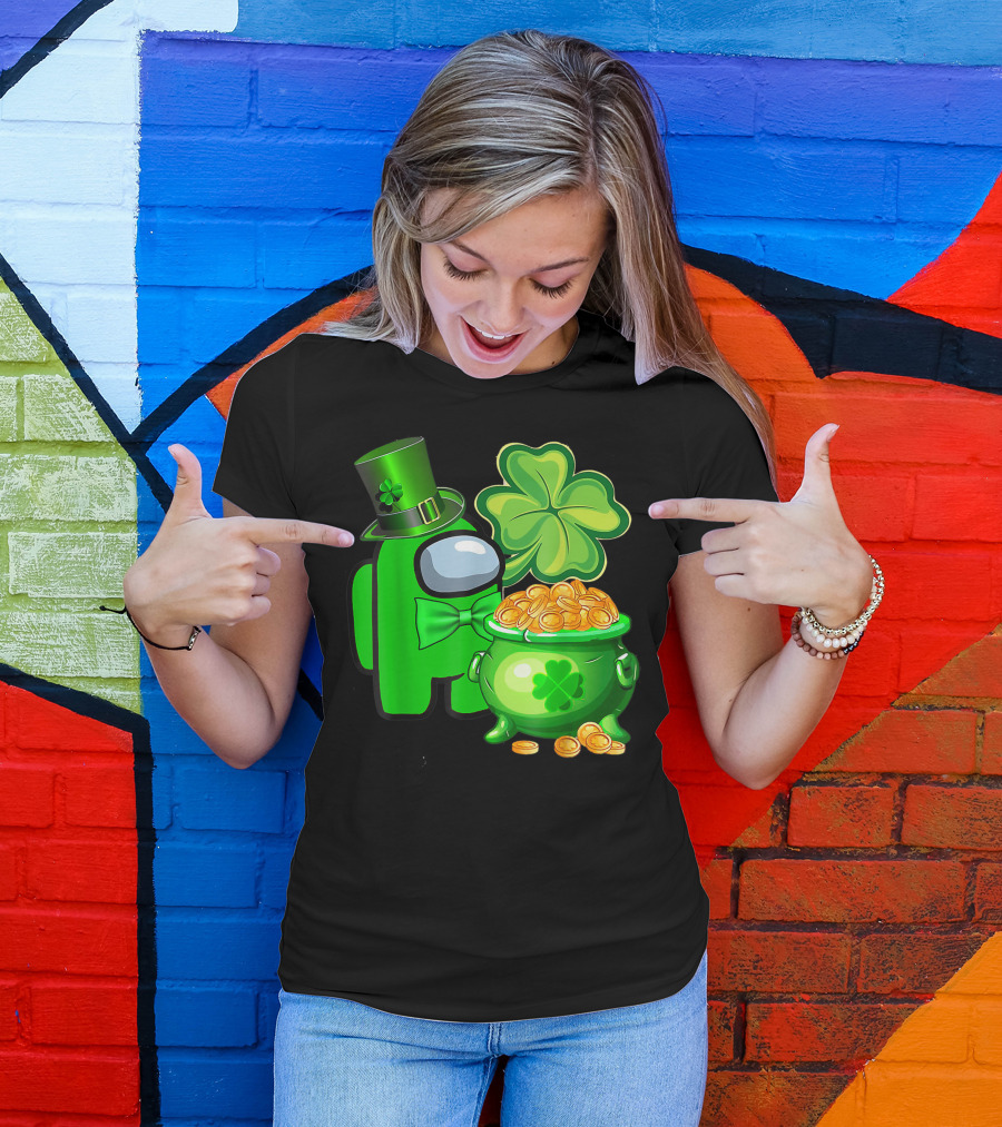 Among Us Green Character With Shamrock Hat And Pot Of Gold St Patrick's Day T-Shirt