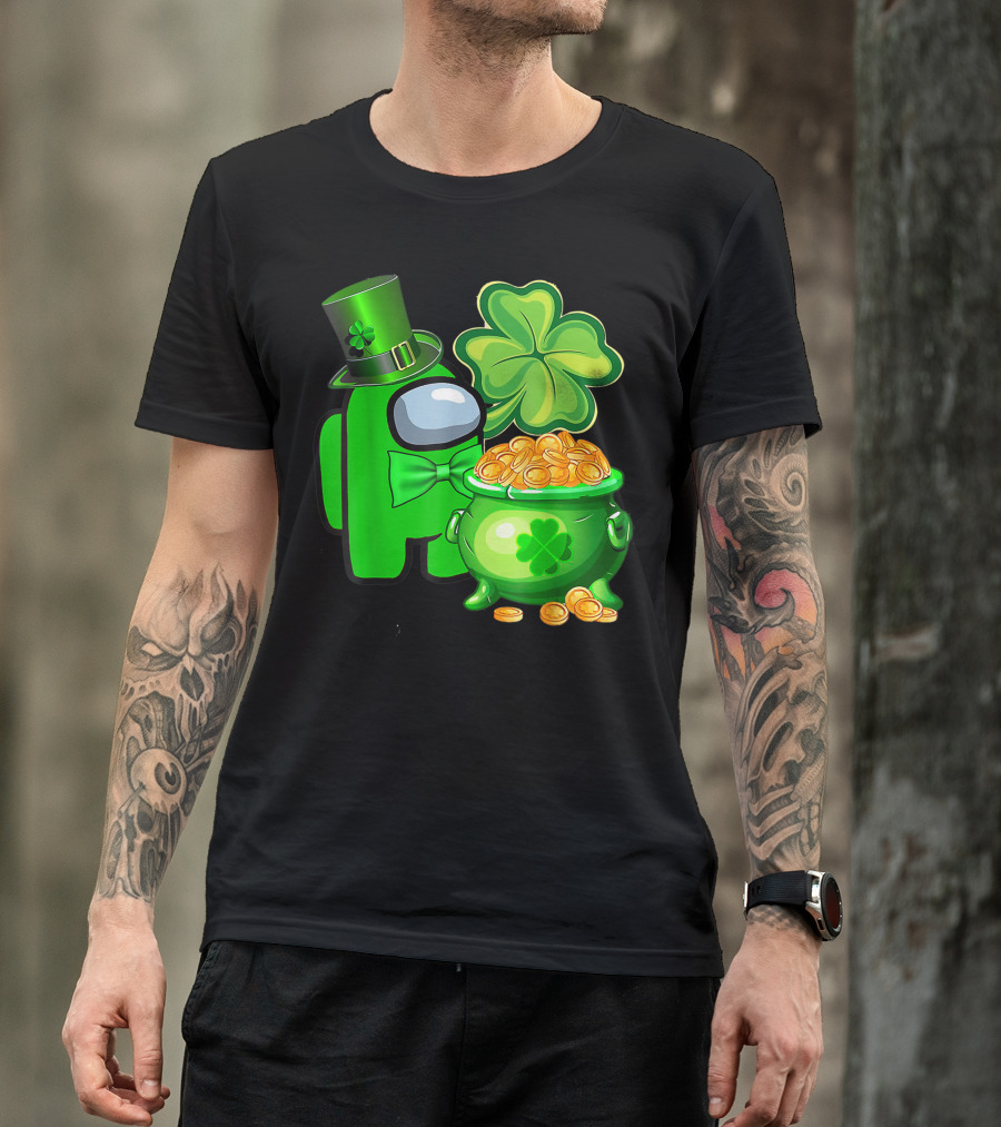 Among Us Green Character With Shamrock Hat And Pot Of Gold St Patrick's Day T-Shirt