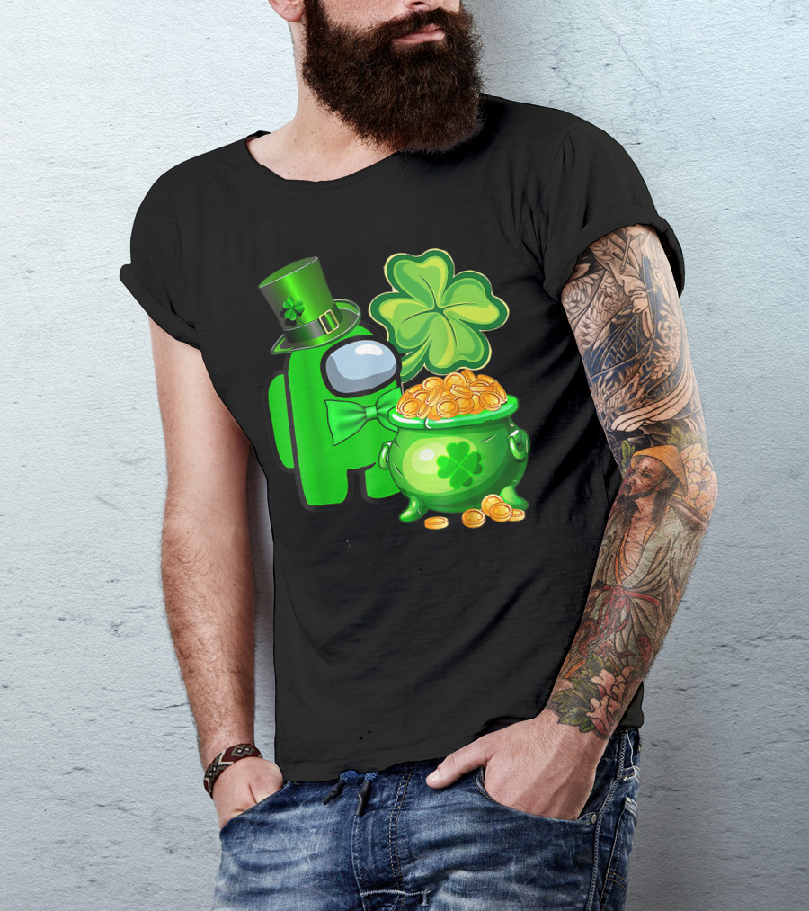 Among Us Green Character With Shamrock Hat And Pot Of Gold St Patrick's Day T-Shirt