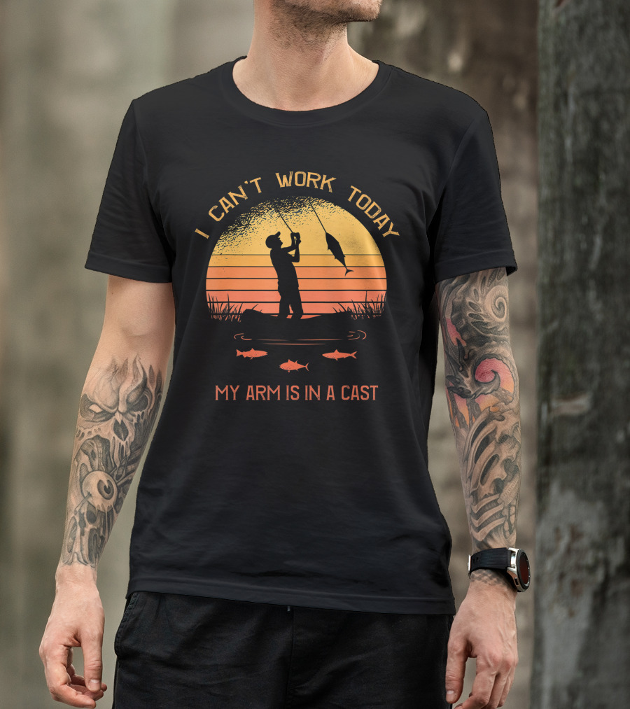I Can't Work Today My Arm Is In A Cast Fisherman Silhouette Sunset T-Shirt