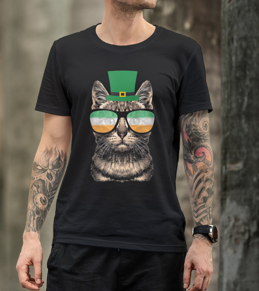 St Patrick's Day Cat Kitty Wearing Irish Green Hat And Glasses T-Shirt