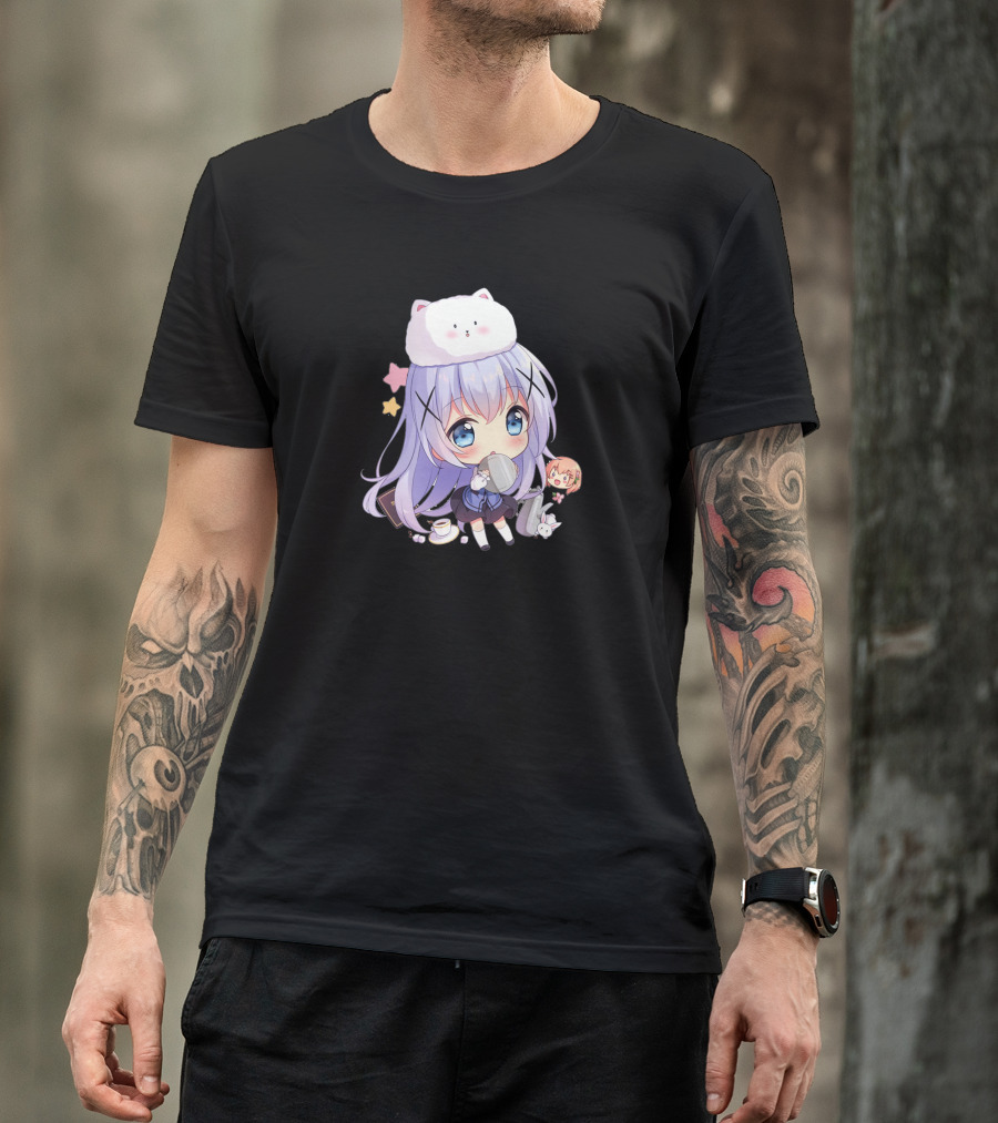 Hitsu Chibi Style Japanese Anime Character With Cat Hat And Stars T-Shirt
