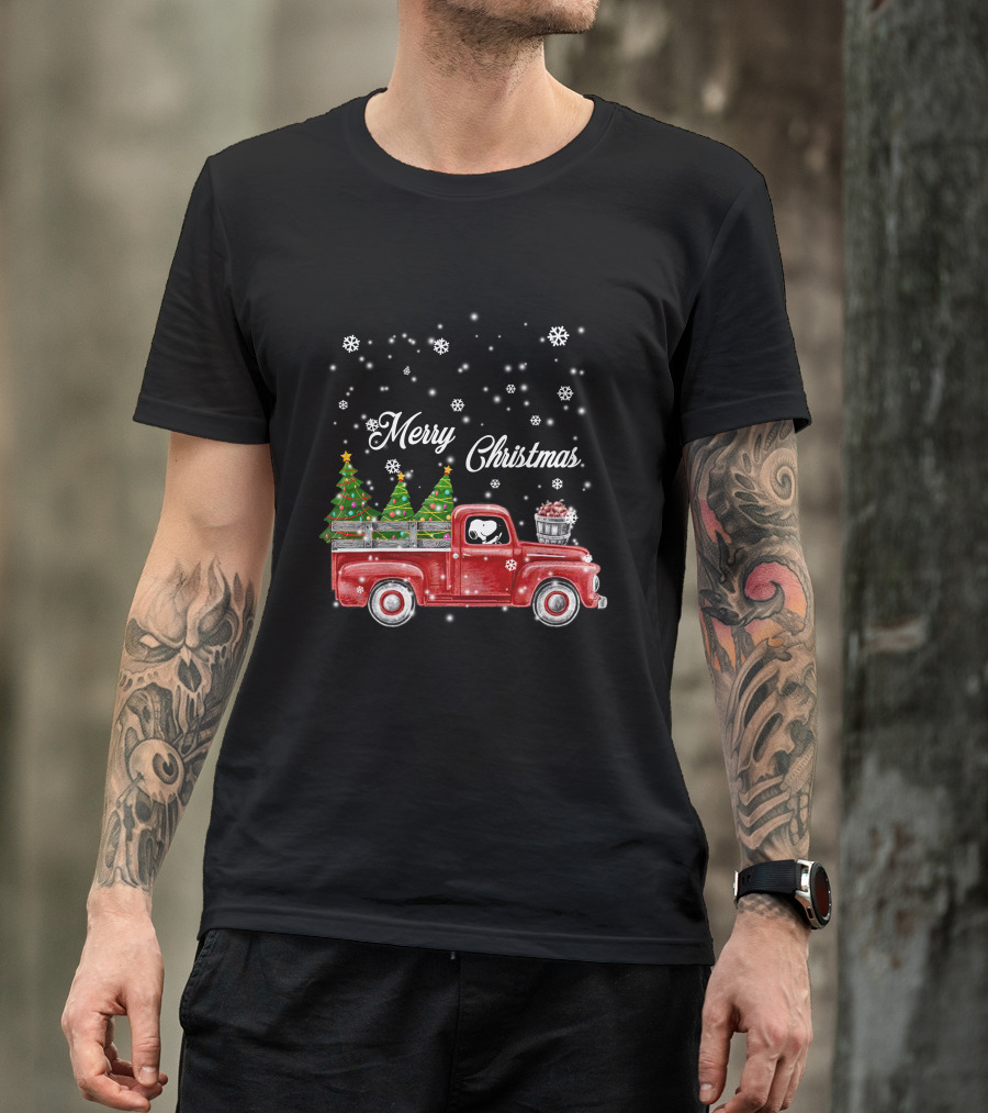Merry Christmas Red Truck With Christmas Trees And Snowflakes T-Shirt