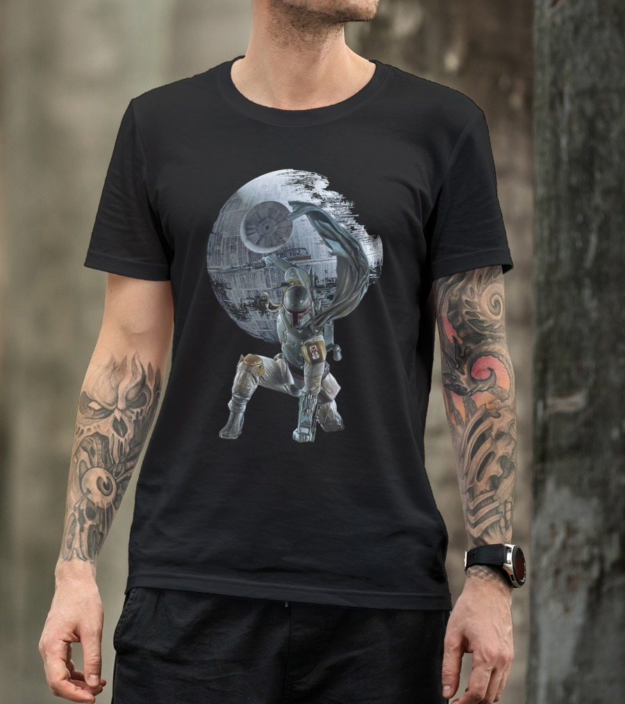 Boba Fett Striking Pose With Death Star Backdrop T-Shirt