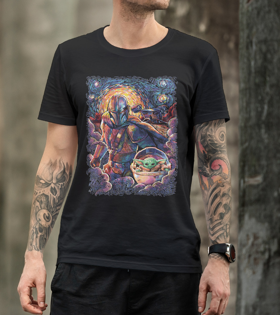 Mandalorian And Grogu Starry Night Art Style T-Shirt