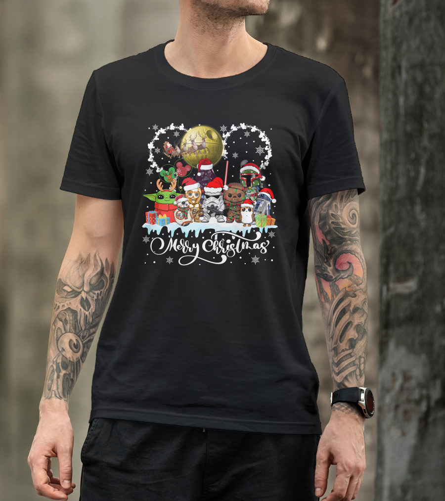 Merry Christmas Star Warss Characters Santa Hats Snowflakes T-Shirt
