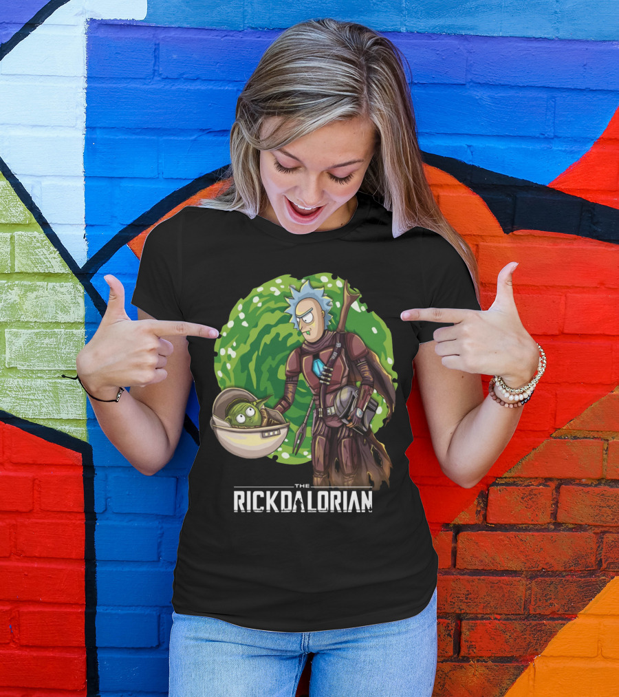 The Rickdalorian With Green Portal Background And Baby Alien Character T-Shirt