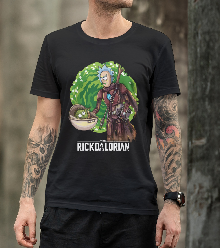 The Rickdalorian With Green Portal Background And Baby Alien Character T-Shirt