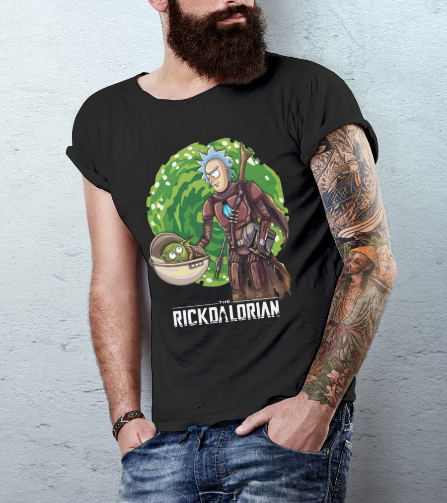 The Rickdalorian With Green Portal Background And Baby Alien Character T-Shirt