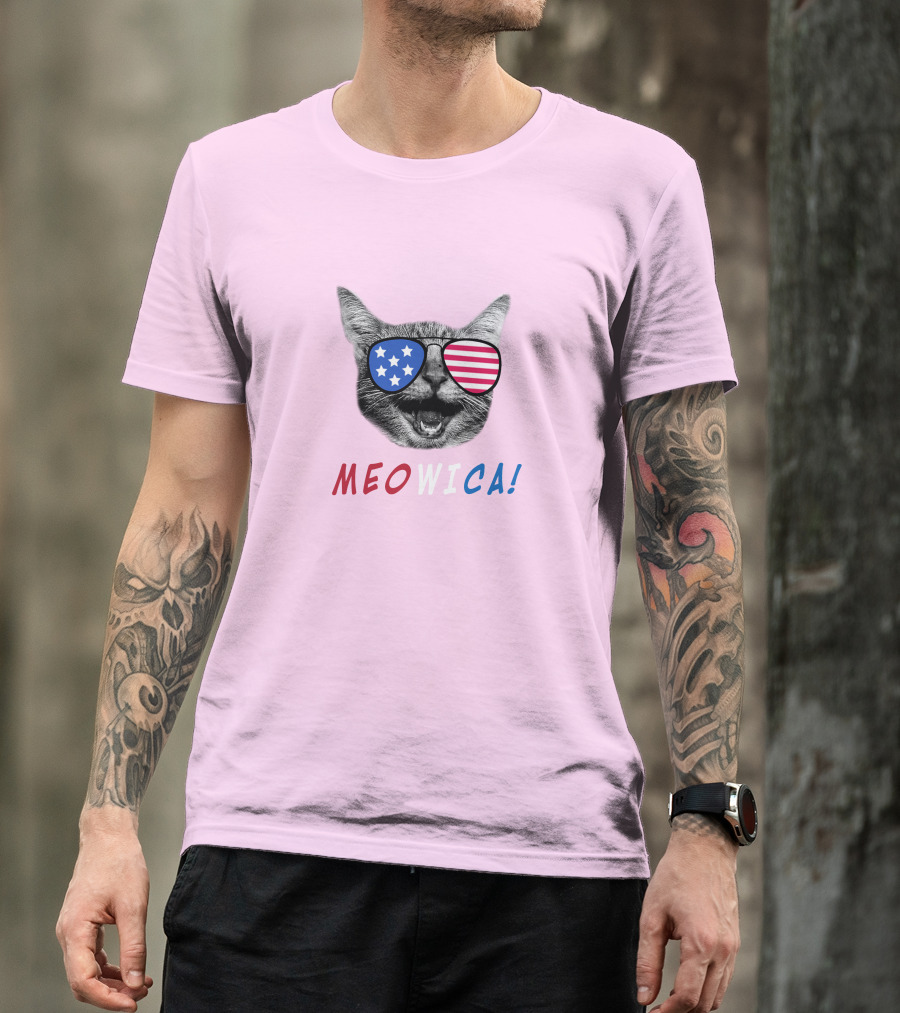 Meowica Cat Wearing American Flag Sunglasses T-Shirt