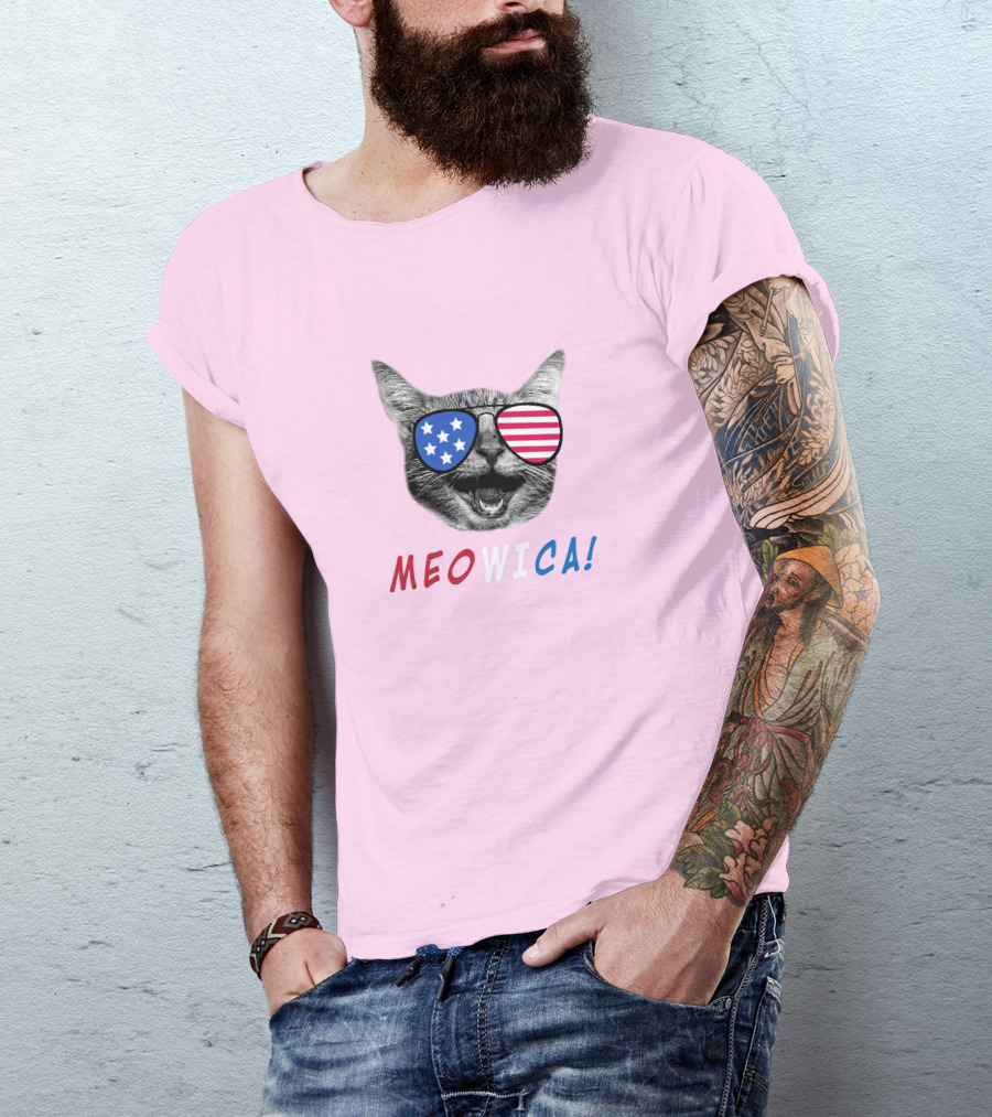 Meowica Cat Wearing American Flag Sunglasses T-Shirt