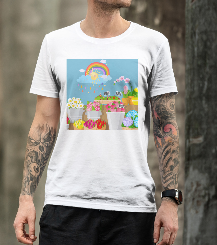 April Showers Brings May Flowers Rainbow And Colorful Blooms Scene T-Shirt