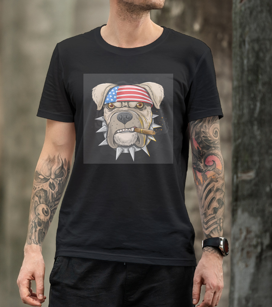 American Flag Bandana Bulldog With Cigar And Spiked Collar T-Shirt