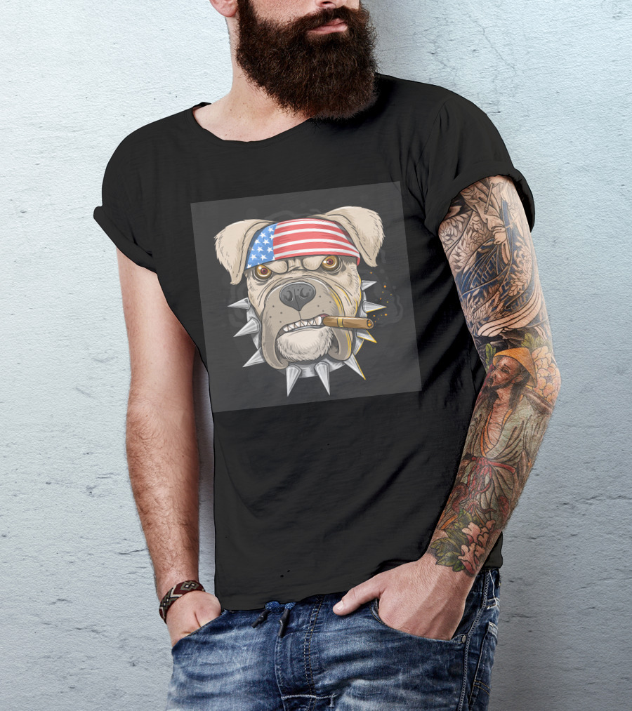 American Flag Bandana Bulldog With Cigar And Spiked Collar T-Shirt