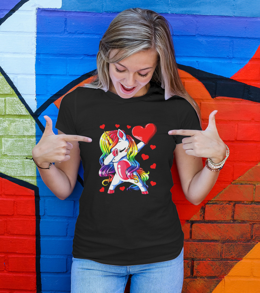 Rainbow Dabbing Unicorn Heart Valentines Day Girls T-Shirt