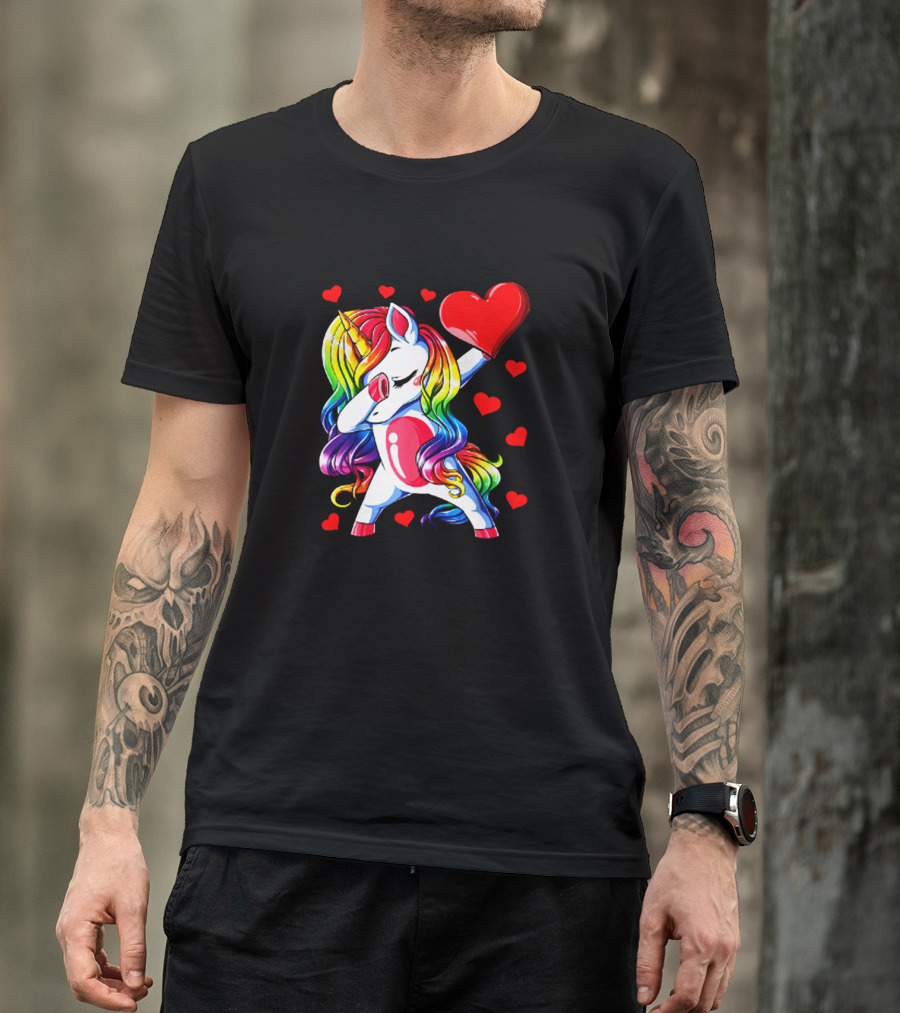 Rainbow Dabbing Unicorn Heart Valentines Day Girls T-Shirt