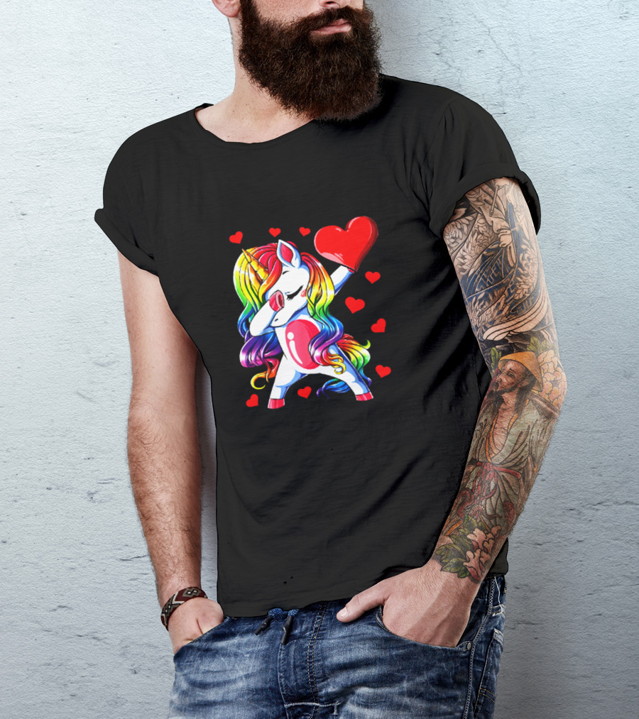 Rainbow Dabbing Unicorn Heart Valentines Day Girls T-Shirt