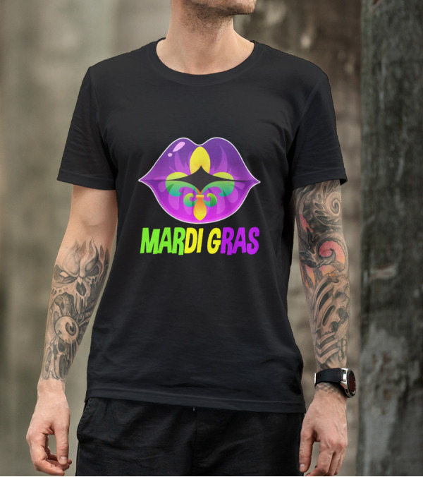 Mardi Gras Lip Fleur De Lis Purple Green Yellow T-Shirt
