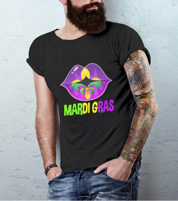 Mardi Gras Lip Fleur De Lis Purple Green Yellow T-Shirt