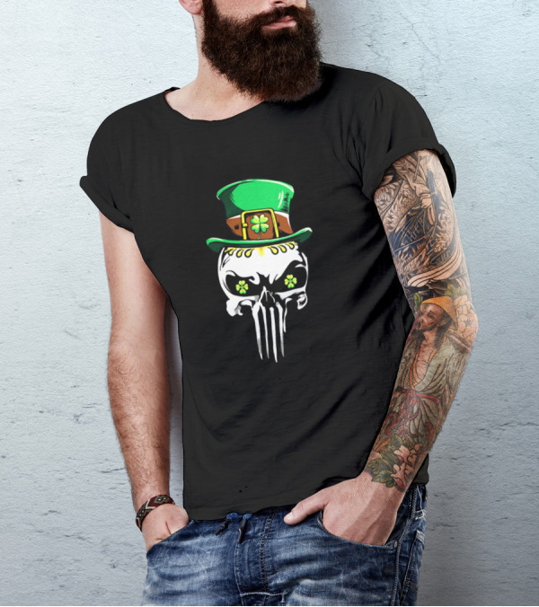 Punisher Skull With Green Leprechaun Hat And Shamrock Eyes T-Shirt