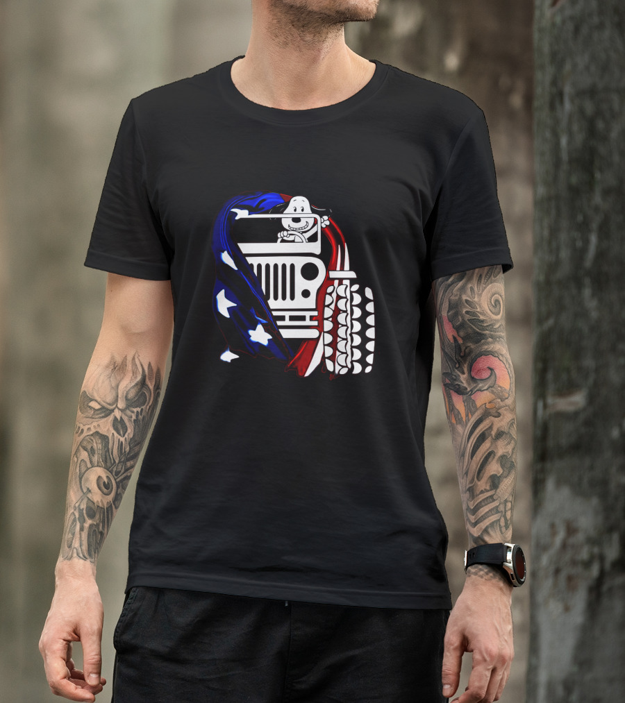 Snoopy Jeep Stars Stripes American Flag Background T-Shirt