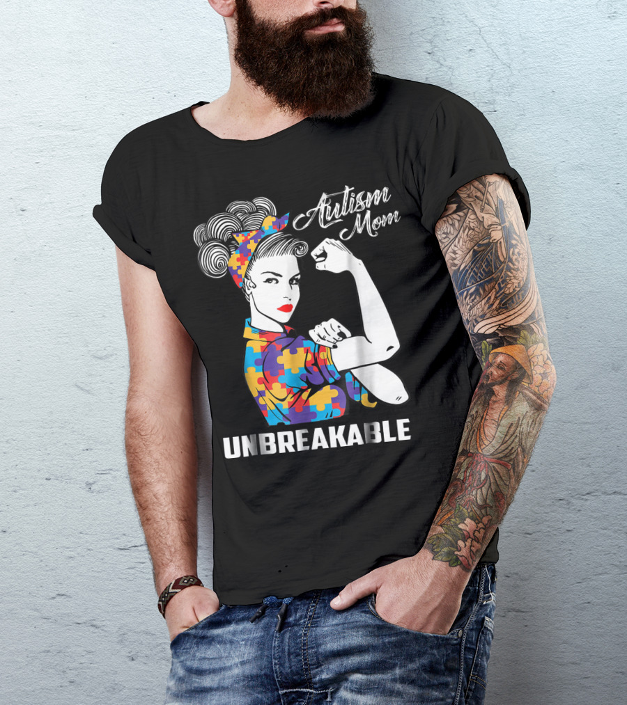 Unbreakable Autism Mom With Puzzle Pattern Retro Rosie The Riveter T-Shirt