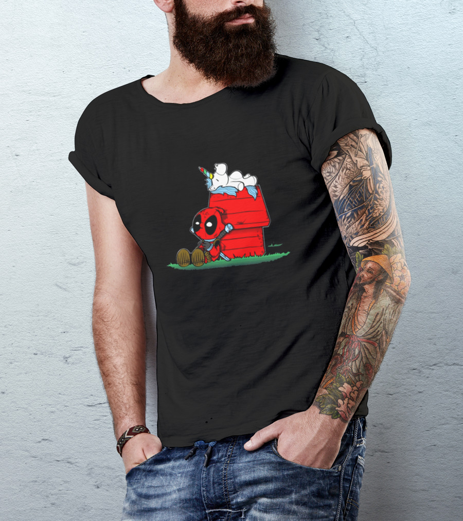 Deadpool And Snoopy Unicorn Crossover On Doghouse With Red And Black Accents T-Shirt