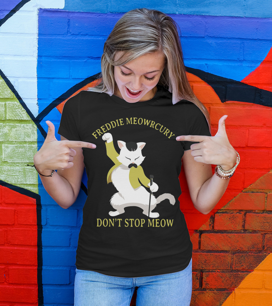 Freddie Meowrcury Don’t Stop Meow Funny Cat Parody With Iconic Pose And Yellow Jacket T-Shirt