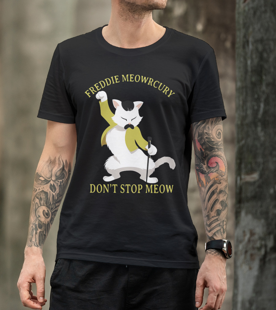 Freddie Meowrcury Don’t Stop Meow Funny Cat Parody With Iconic Pose And Yellow Jacket T-Shirt