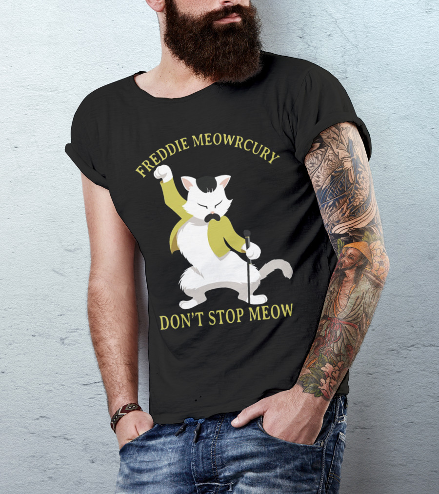 Freddie Meowrcury Don’t Stop Meow Funny Cat Parody With Iconic Pose And Yellow Jacket T-Shirt