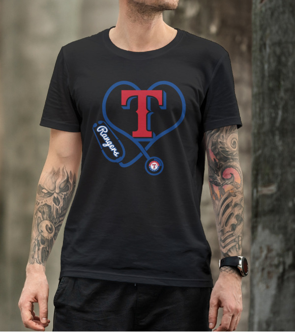 Nurse Heartbeat Texas Rangers Fans T Logo Stethoscope T-Shirt