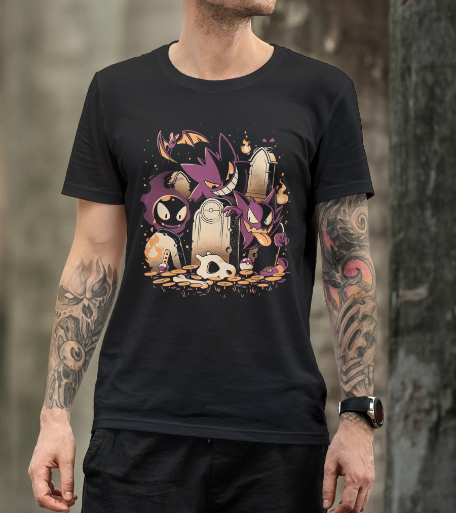 Pokemon Gastly Haunter Gengar Spooky Graveyard Scene With Fire And Skull T-Shirt