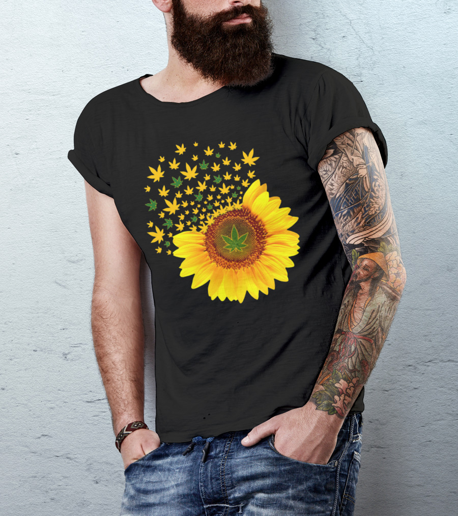 Sunflower With Dispersing Yellow And Green Weed Leaves T-Shirt
