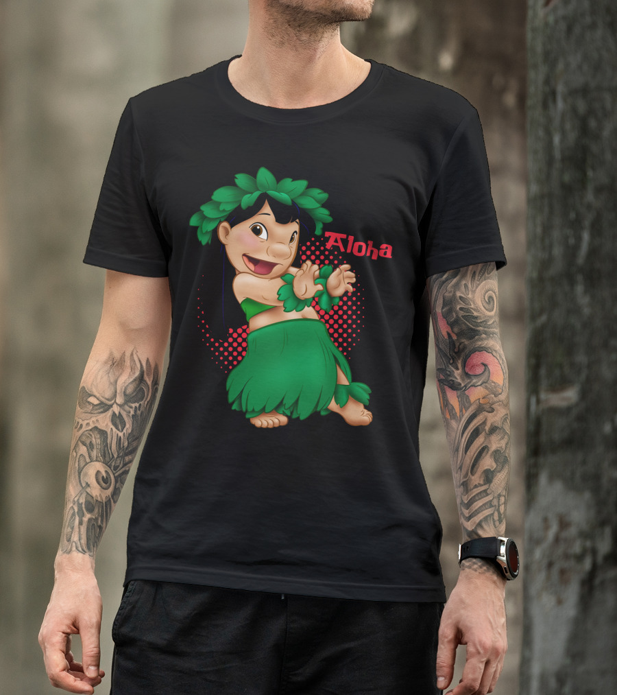 Lilo And Stitch Aloha Lilo Green Hula Dance With Red Polka Dot Background T-Shirt