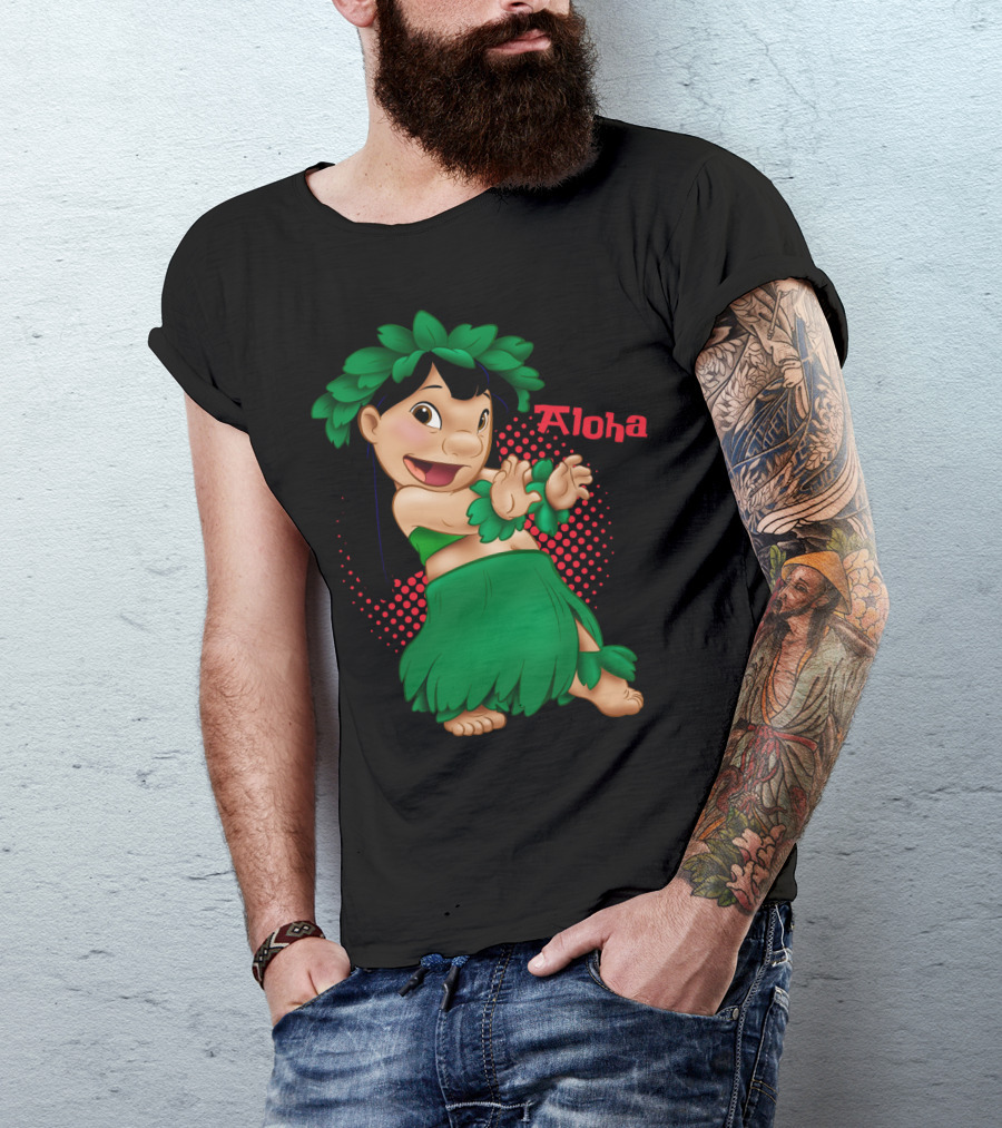 Lilo And Stitch Aloha Lilo Green Hula Dance With Red Polka Dot Background T-Shirt