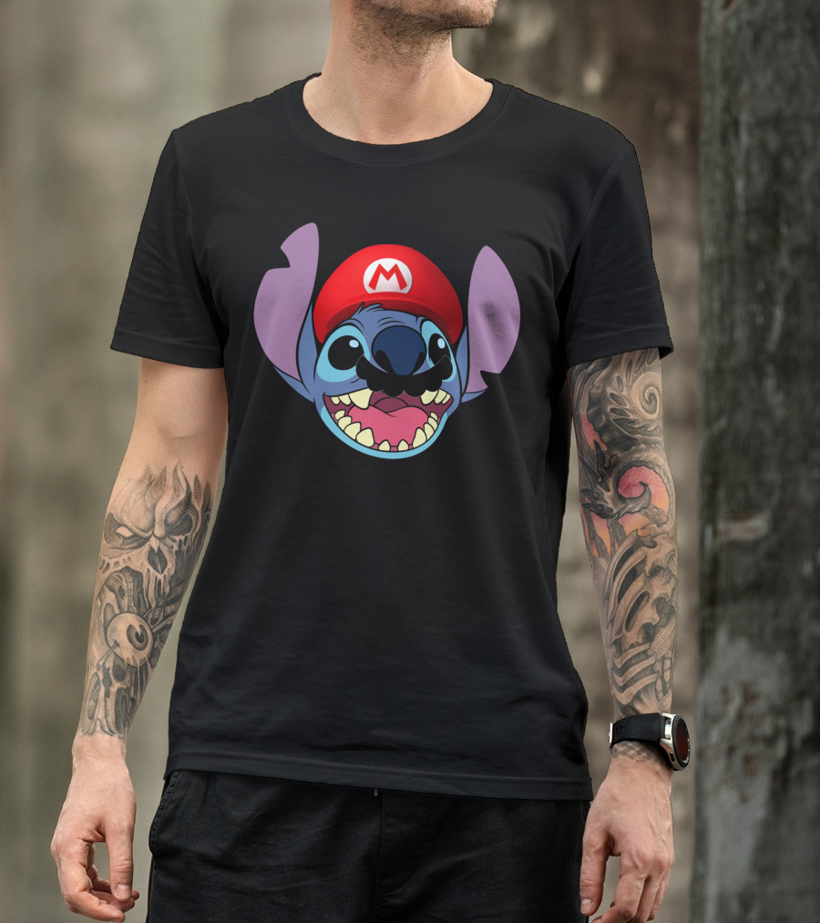 Stitch Wearing Mario Hat And Mustache Cartoon Crossover T-Shirt