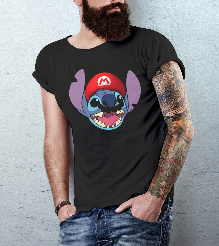 Stitch Wearing Mario Hat And Mustache Cartoon Crossover T-Shirt