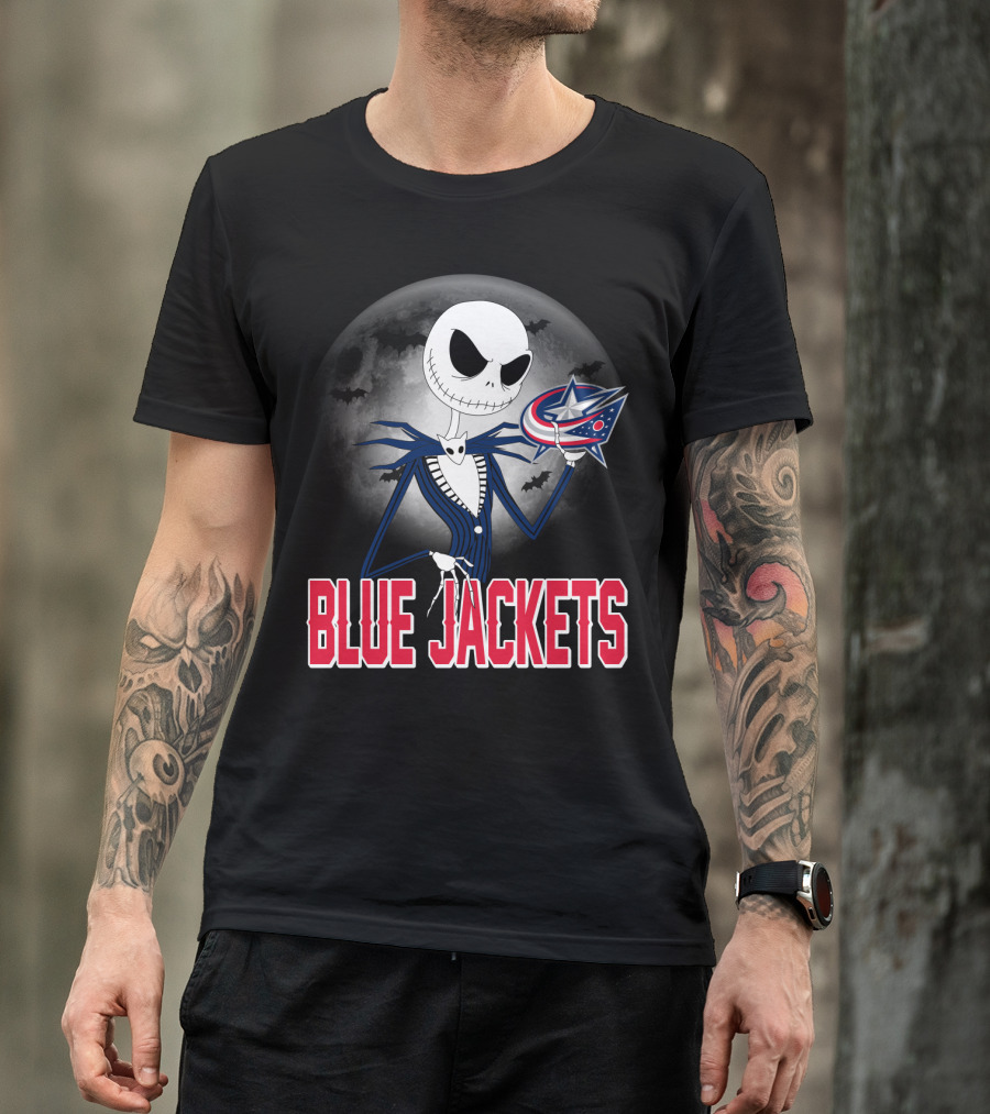 Jack Skellington Columbus Blue Jackets Halloween Fan Logo Moon Background T-Shirt