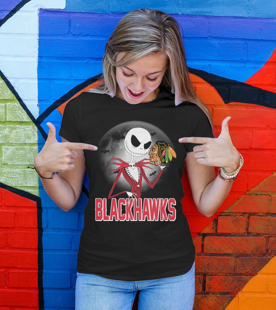 Jack Skellington Halloween Full Moon Chicago Blackhawks Collaboration T-Shirt