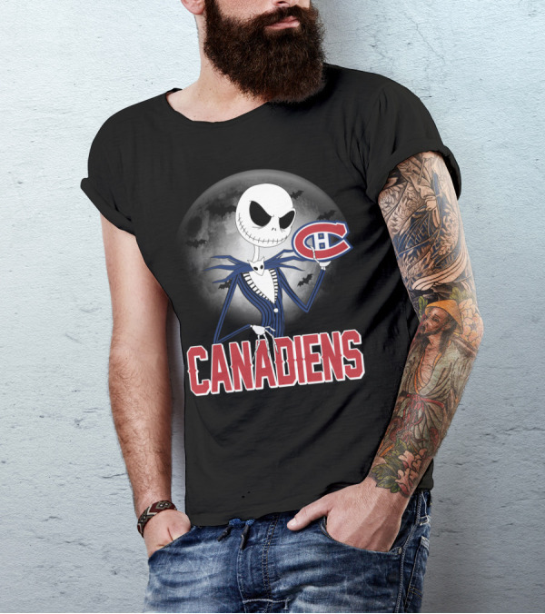 Jack Skellington Halloween Canadiens Logo Moon Background T-Shirt