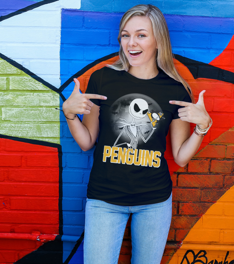 Jack Skellington Halloween Full Moon Penguins Hockey T-Shirt