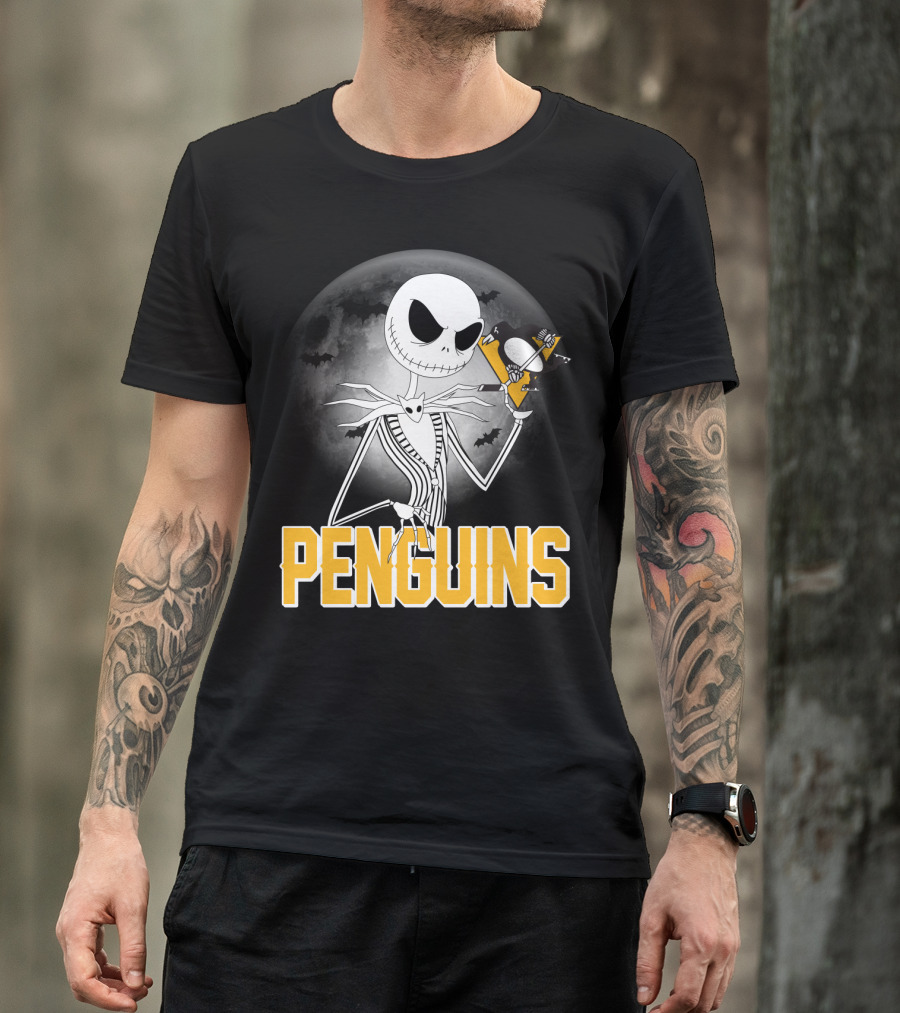 Jack Skellington Halloween Full Moon Penguins Hockey T-Shirt