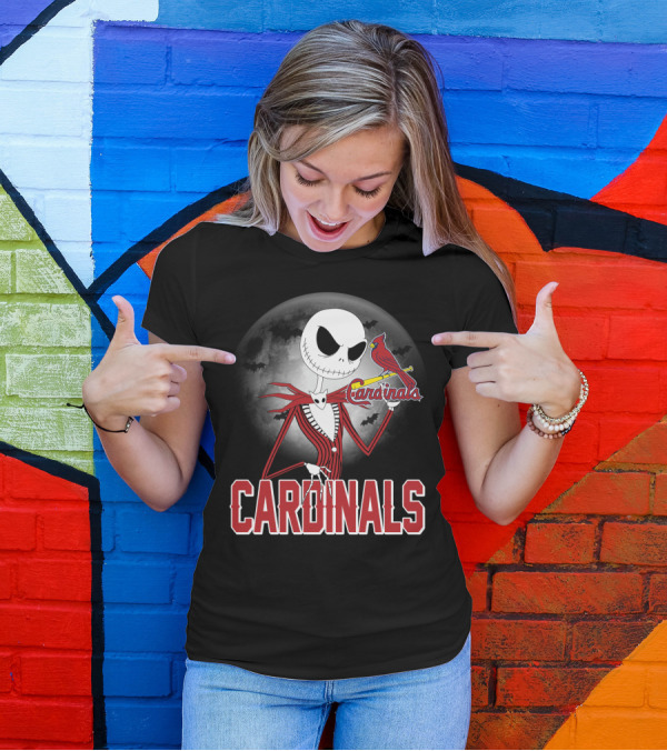 Cardinals Jack Skeleton Halloween St. Louis Cardinals Logo Moon Background T-Shirt
