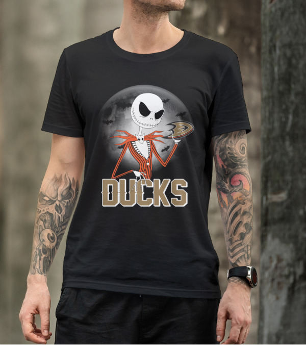 Jack Skellington Anaheim Ducks Halloween Moon And Bats T-Shirt
